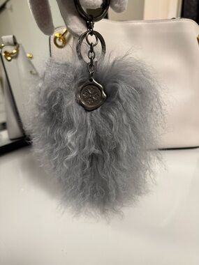 Nordstrom Gray Lamb Wool Pom Keychain with Metal Emblem